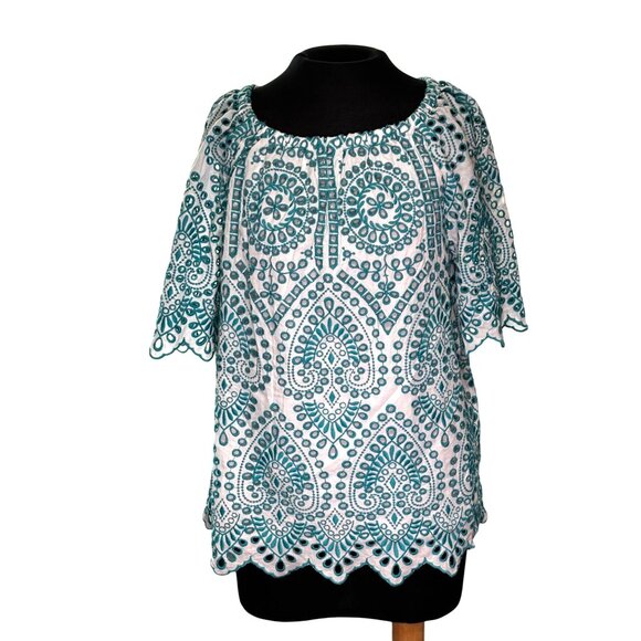 Chicos Womens Embroidered Peasant Top Size 2 White & Teal Cotton Blend - Picture 1 of 10